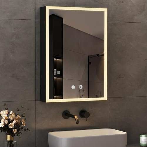 Boromal Spiegelschrank Bad mit Beleuchtung Schwarz Spiegelschrank mit Beleuchtung Metall LED Badezimmerschrank mit Dimmbar + Beschlagfrei + Stecker + Verstellbare Glasablage (50 x 70 x 13 cm)