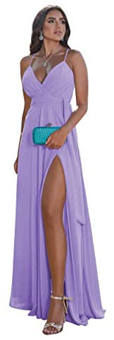 N/ C V cuello largo vestidos de dama de honor con hendidura gasa una línea plisada vestidos de baile con bolsillos C014, Lila, 42