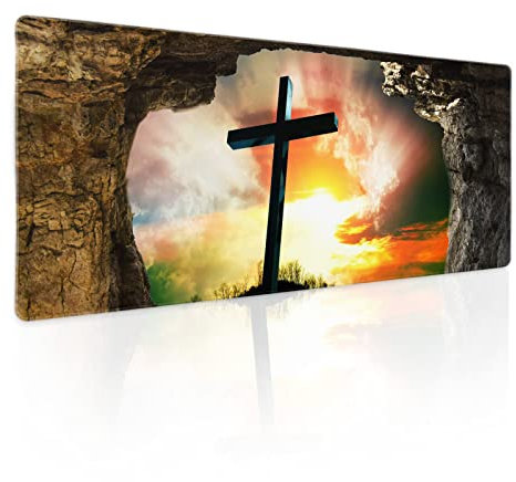 Jesus Cross Hole Gaming Mouse Pad XL Easter Christ Resurrection Faith Extended Big Large Desk Mat Non-Slip Rubber Base Stitched Edge Long Keyboard Mousepad for PC Computer Laptop,31.5×11.8 in