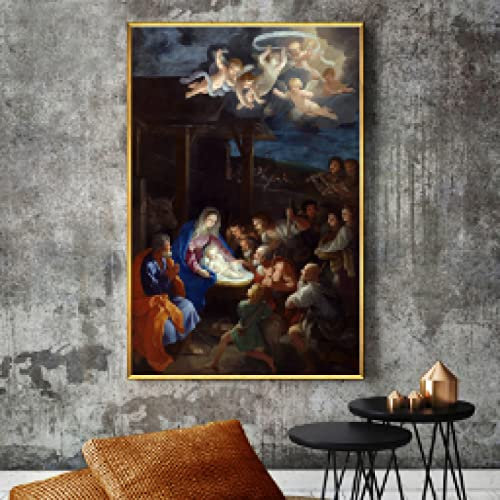 OUSHION ART Guido Reni-Die Anbetung der Hirten Posterdruck auf Leinwand, Wandkunst, berühmtes Gemälde für Wohnzimmer, Heimdekoration, Wandbild, 32 x 48 cm, rahmenlos