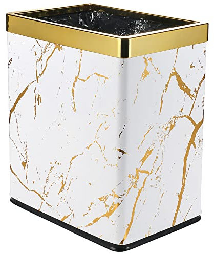 QLHIBLY Metal Recycling Waste Paper Bin with Leather Cover, 10L Double Layer Bin for Bedroom, Bathroom, Kitchen, Office, High Class Hotel (White and Gold Marble)
