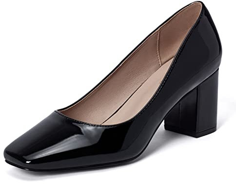 GENSHUO Zapatos de tacón bajo Grueso para Mujer con Puntera Cuadrada, Tacones sin Cordones, Puntera Cerrada, Oficina, Trabajo, Iglesia, Boda, Zapatos de Vestir, Laca Negra, 38.5 EU