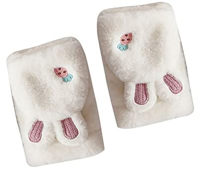 URFEDA Damen Winter Handschuhe Fingerlose Fäustlinge 3D Tiere Plüsch Halb Handschuhe Fingerhandschuhe Cartoon Hase Fingerlos Handschuhe mit Umklappbare Fingerkuppen Warm Winddicht Winterhandschuhe