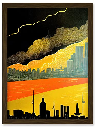 Wee Blue Coo Modern Black Yellow Orange Linocut London Skyline Cityscape Storm Lightning Artwork Framed Wall Art Print A4