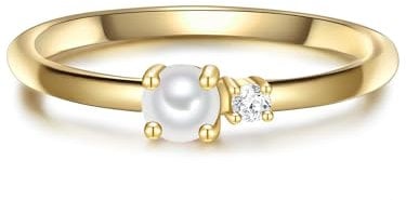 GLANZSTÜCKE MÜNCHEN Damen Perlenring Sterling Silber gelbvergoldet mit Süßwasser-Zuchtperle 3-3,5 mm/Zirkonia - Silberring Damenring
