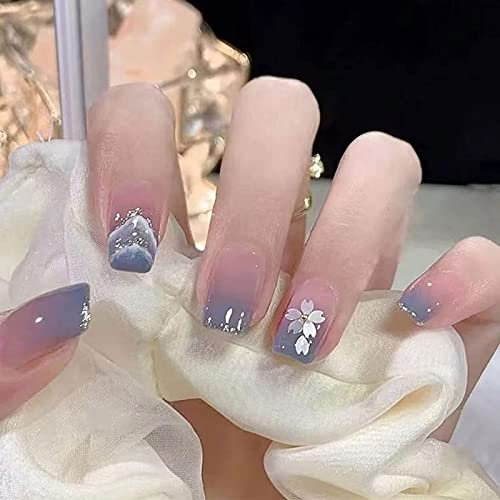 24 Stück Press on Nails Viereckig Kurz, Blau Blume French Künstliche Nägel mit Design, Acryl Kunstnägel Nägel Zum Aufkleben Square Fingernägel Fake Nails für Frauen und Mädchen