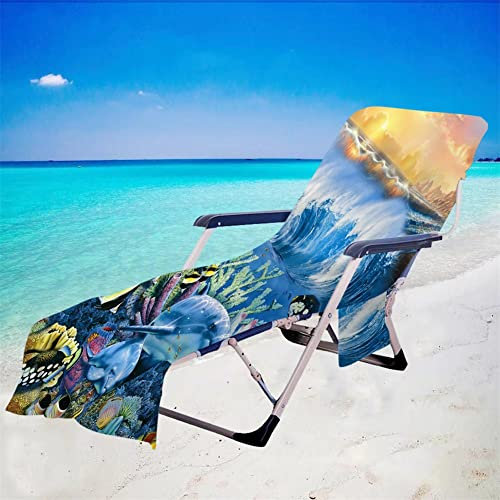 Surwin Schonbezug Für Gartenliege Strandliegenauflage Frottee Liegenauflage Ozean Stuhl Strandtuch Sun Lounger Bezug mit Tasche Sporthandtuch für Strand Garten Schwimmen (75x210cm,Delfin)