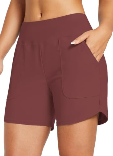 baleaf Swim Shorts Women 5 High Waisted Swimming Custome Bottoms Tummy Control Swimsuits Board Beach Shorts Wine 3XL