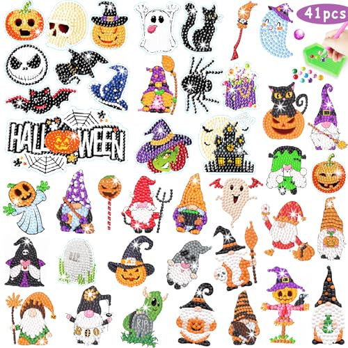 Acuiwer Halloween Diamond Painting Kit for Kids - 5D Diamond DIY Stickers for 28 Designs with 2 Glowing Stickers Gift