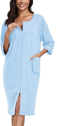 COLORFULLEAF Damen Bademantel mit Reißverschluss Leicht Morgenmantel 100% Baumwolle Hausmantel 3/4 Ärmel Nachthemd mit Taschen(Hellblau,XL)