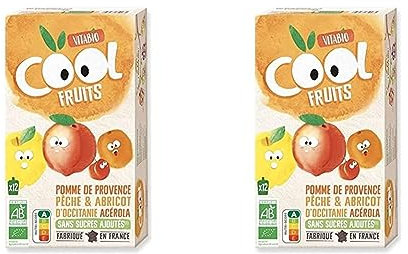 Vitabio Cool - Gourdes Fruits Pomme Pêche Abricot 12x90 g - Compote - BIO (Lot de 2)