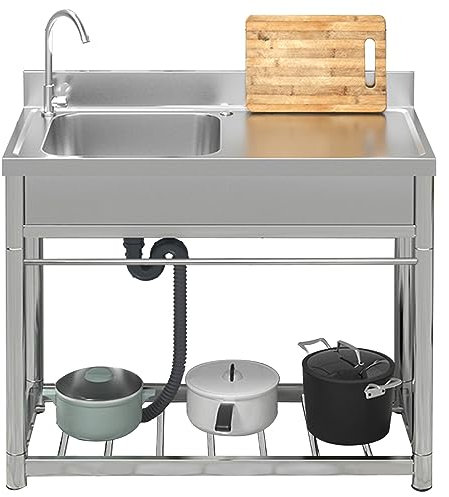 Fregadero de garaje de acero inoxidable, 1 compartimento, con escurridor derecho, fregadero de garaje comercial, lavabo independiente para garaje, exterior