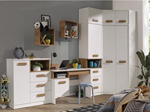 Design Möbel Gustavo 10 Set Schreibtisch mit großem Kleiderschrank Kommode Hängeregal Regal Kleiderschrank Einlegebode Schlafzimmer Möbel Jugendzimmer Komplett Weiß, Eiche Riviera