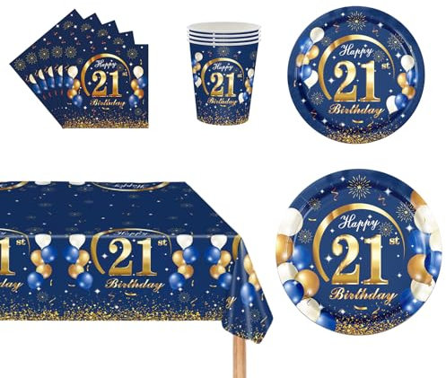 69Pcs Navy Blue Gold 21st Birthday Party Tableware, Blue 21st Birthday Tableware Set with Paper Plates,Napkins Serviette,1P 21st Table Cloth,Paper Cups for Women Men Birthday Party Table Decorations