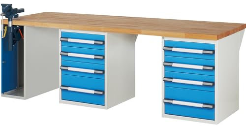eurokraft | Werkbank | Baukastensystem Serie 7000 | 8 Schubladen | 1 Schraubstock linksseitig | BxT 2500 x 900 mm