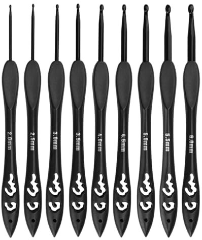 FINELYCR 9 Stück Vintage Schwarz Häkelnadelset, Ergonomische Häkelnadel mit Leicht Kunststoffgriff, Glatter Hakenkopf, für Arthritische Hände, Strickbegeisterte und Anfänger (2-6 mm)