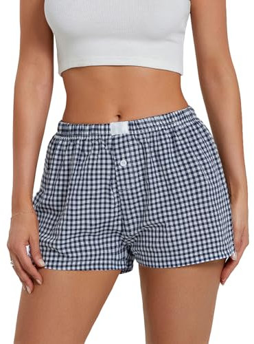 Nicoxijia Y2k Pyjama-Shorts für Damen, kariert, Lounge-Shorts, elastisch, niedrige Taille, Schlafhose, Yoga-Pyjama-Shorts, dunkelblau, L