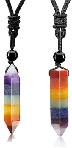 GEHECRST 2 Stück Chakra Heilsteine Kette Hexagon Säulen Anhänger Halskette mit Einstellbar Geflochtenes Seil Kristall Halskette Glückskette für Chakra Yoga,Reiki Heilung und Meditation