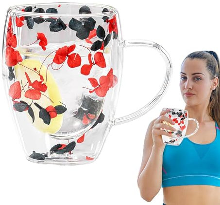 Tazas ornamentales - Tazas estéticas para bebidas, vidrio de doble capa | Taza de doble pared de 350 ml con agarre, taza estética de flores deshidratadas que preserva el calor, bebida creativa aislada