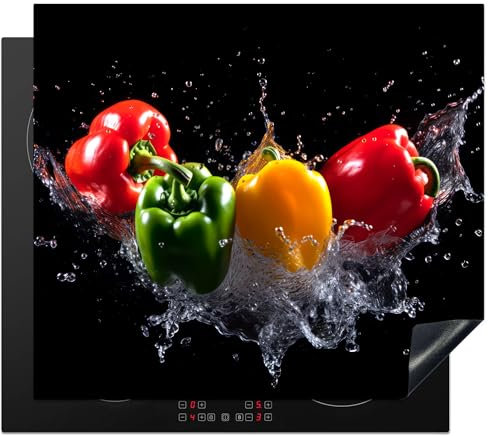 KitchenYeah© Herdabdeckplatte Einteilig Ceranfeld Abdeckplatte für Induktionsschutz Ceranfeldabdeckung Vinyl Herdabdeckplatten Paprika - Wasser - Gemüse - Schwarz - 59x52 cm