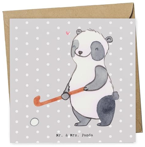 Mr. & Mrs. Panda Grußkarte Panda Hockey spielen - Geschenk, Verein, Hockeyschläger, faltkarte, doppelkarte, Glückwunschkarte, anlasskarte, Klappkarte, Feldhockey