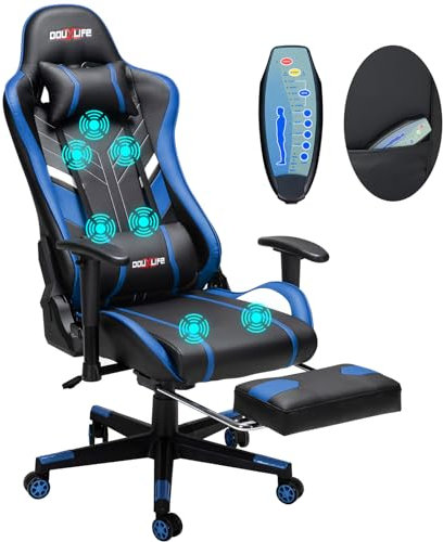 Douxlife Gaming Stuhl, mit 7 Punkt Massage, Fußstütze, Ergonomischer 180KG Bürostuhl, 90-175° Rückenlehne einstellbar, Verstellbare Armlehne, Schreibtischstuh für Erwachsener, Blau