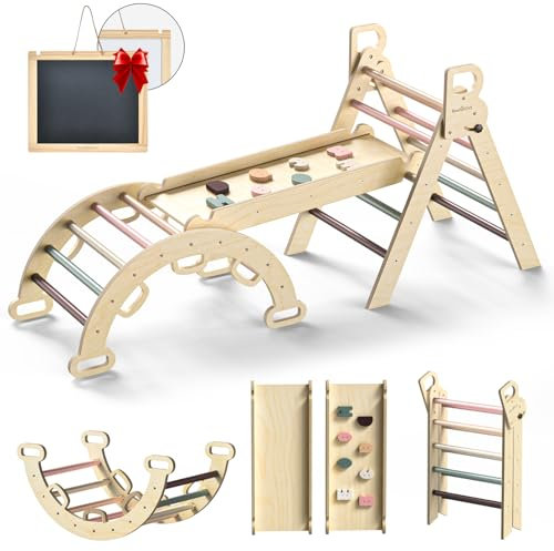 BlueWood 3-in-1 Montessori kletterdreieck Klettergerüst für Kinder mit Rutsche, Kletterleiter und Kletterbogen, Wippe, Klettergerüst Indoor, klettergerüst Indoor ab 2 Jahr