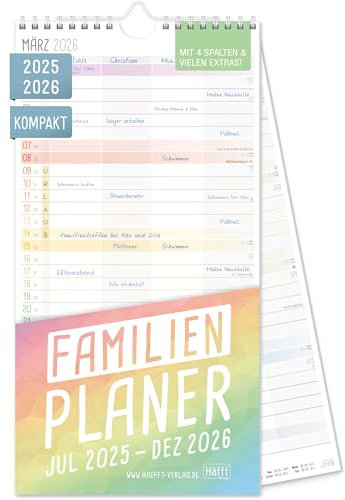 Häfft® Familienkalender 2025/2026 mit 4 Spalten Rainbow kompakter Wandkalender für 18 Monate Jul 25 bis Dez 26-16,6 x 32,3 cm - Wandplaner, Familienplaner - nachhaltig & klimafreundlich