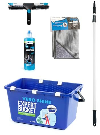 Vero Shine Fensterputzer Set, Fensterputz Set mit Fensterwischer (35cm), Teleskopstiel (1,2m), Glasreiniger (500ml), Bambus-Fenstertuch (40x40cm) und 18l-Eimer mit Trocknungshaken