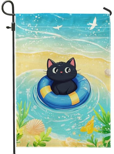 Süße Sommer-Gartenflagge, Pool-Katze, aufblasbarer Ring, Heimdekoration, Gartenflaggen, doppelseitig, bunt, für den Außenbereich, Rasendekoration, 30,5 x 45,7 cm
