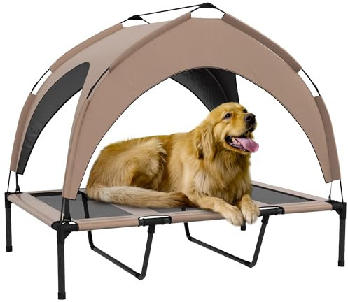 PawHut Erhöhtes Hundebett mit Markise für große Hunde mit Stahlrahmen und Tragetasche für drinnen und draußen, 106 x 76 x 94 cm, Kaffee