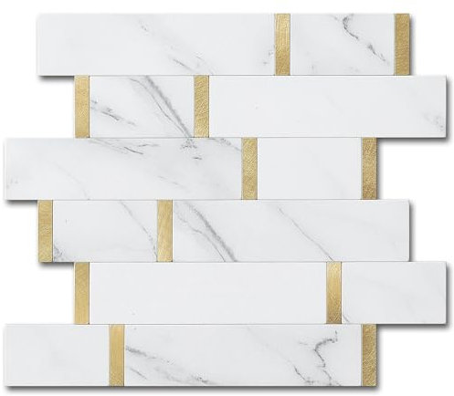 VAOVI Stick on Subway Kitchen Splashback Marble Mosaic Self Adhesive Tiles for Bathroom Wall Sticker Waterproof(Gold White 5 Sheets)