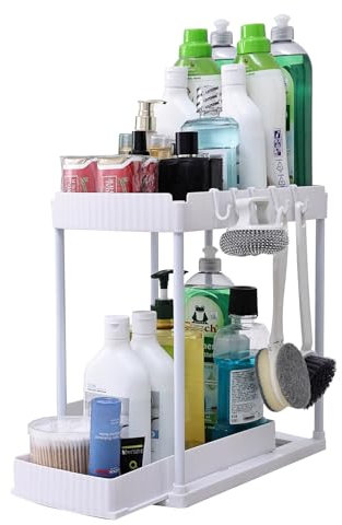 sapisecret Unter Waschbecken Regal Organizer, 2 Stufig mit 5 Haken, Spülschrank Organizer Ausziehbar, küchenschrank organizer für Spülschrank & Badezimmer (1 Pack, weiß)