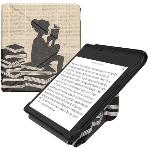 kwmobile Kunstleder eReader Schutzhülle für Kobo Kobo Libra Colour/Tolino Vision Color Hülle - Falt Cover für E-Reader in Schwarz Beige - Lesende Frau