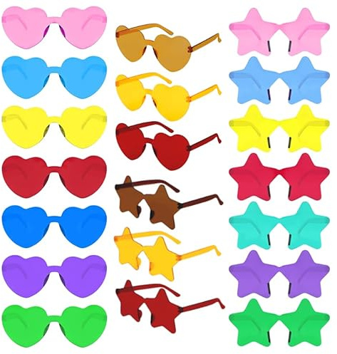 SULOLI 20 Paires Lunettes en Forme de Cœur/Étoile Sans Monture -Lunettes de Fête Mignon-Lunettes de Soleil Couleur de Bonbons pour Carnaval,Noël,Fête D'anniversaire