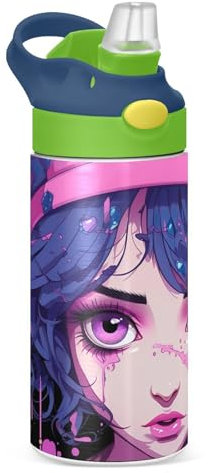 Kawaii Pop - Borraccia per bambini con cannuccia, in acciaio inox, senza BPA, isolata, a prova di perdite, con manico, per ragazzi e ragazze