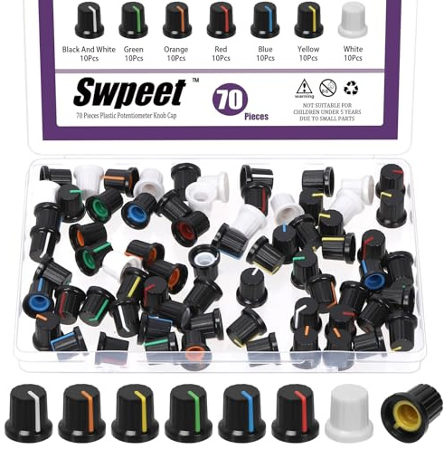 Swpeet 70pcs 7 Farben 15x14mm D Typ Potentiometer Steuerknopf Sortiment Kit, Kunststoff Potentiometer Volumen Control Drehknopf, 6mm Knurled Welle Einfügen Drehknopf