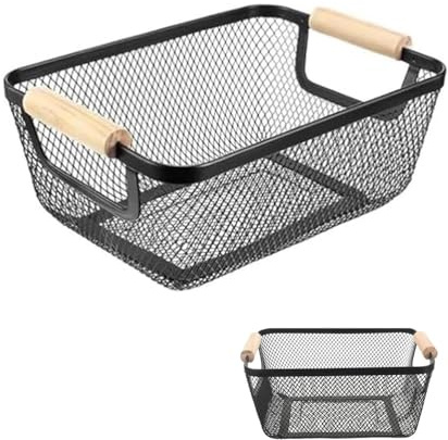 Drahtkorb mit Holzgriffen,Netz-Metallkörbe, eckig Aufbewahrungskorb,für Küche Speisekammer Badezimmer Schlafzimmer,16,5 x 37 x 22,5 cm(schwarz)
