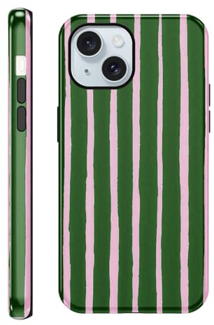Yirlbey Gestreift Handyhülle für iPhone 15 Hülle 6,1, Aesthetic Pink Grün Stripes Striped Muster Motiv Design für Mädchen Schutzhülle Zweischichtige Stoßfest Weiche Bunt Silikon TPU Case, Stripe