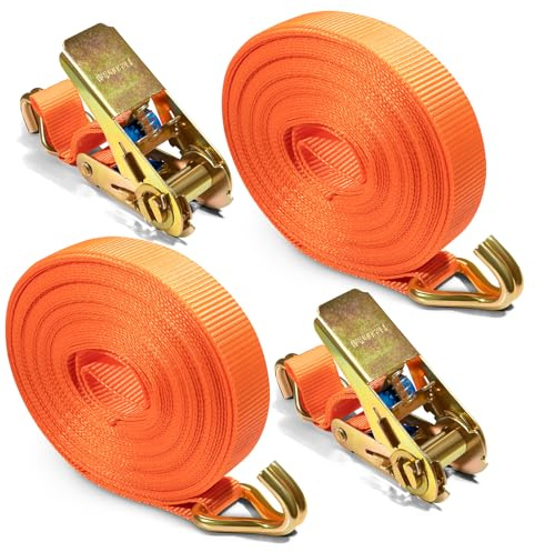 2 piezas de correas tensoras con trinquete, 10 m x 25 mm, correas con gancho J, capacidad de carga de 1000 kg, para motocicletas, coches, remolques, aseguramiento de carga (naranja)