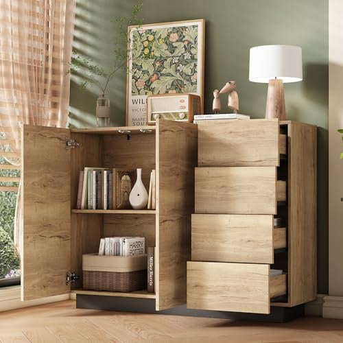 BTM Commode, Buffet, 4 Tiroirs, 2 Portes, pour Salon, Cuisine, Noir, Nuances Naturelles, 120x35.5x90.5 Cm