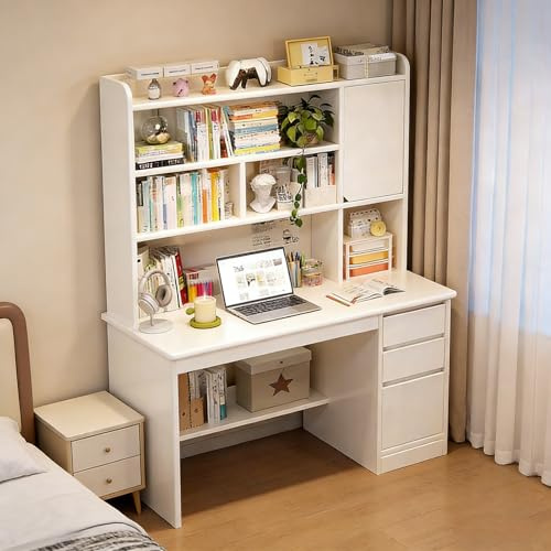 Computertisch aus Holz mit Schubladen und Ablagen，Home-Office-Schreibtisch mit Ablagen und Schubladen Arbeitsplatz mit Aufsatz und Bücherregal Multifunktionaler Arbeitspl(Size:120x45x165cm,Color:Weiß)