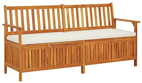 Mhdvray Gartenbank mit Stauraum 170 cm Akazie Holz braun cremefarbenes Polster platzsparende Truhenbank für Balkon Terrasse und Wohnzimmer