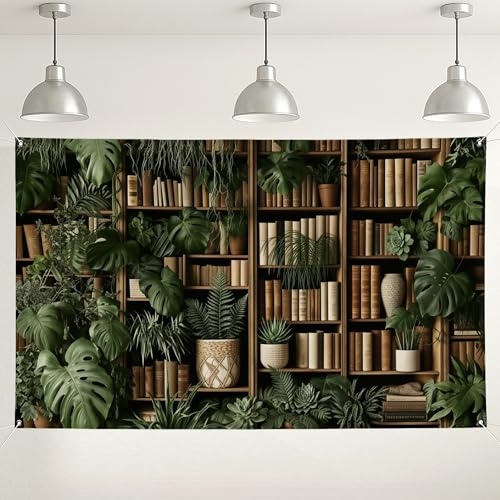 Greenery Bookshelf Wall Backdrop, Tropical Plant Vintage Home Decor Background, Indoor/Outdoor Photography Prop for Parties and Events 71x43 Inch