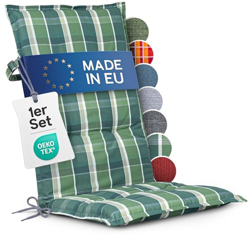 Homeoutfit24 Hochlehner Auflagen, Made in EU, 1er Set, Grün-Kariert | 120x50 cm, Gartenstuhlauflagen Sitzauflagen, Oeko-Tex zertifiziert, Hochlehner Polster