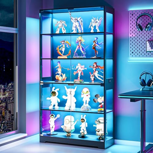 Wumagin Glasvitrine mit 3 Farben Led Beleuchtung 180 cm, 5 Ebenen Glasvitrine mit Intelligente Sensorik für Schlafzimmer, Wohnzimmer (180 × 80 × 35cm)