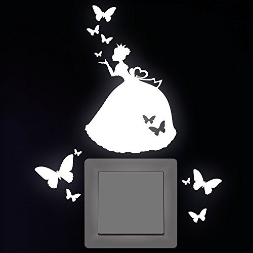 Wandtattoo Loft Leuchtsticker Kinderzimmer, Prinzessin mit Schmetterlingen, 11 Stück, Selbstklebende und Fluoreszierende Aufkleber, Leuchtaufkleber Kinderzimmer, Leuchtende Aufkleber, Wandaufkleber