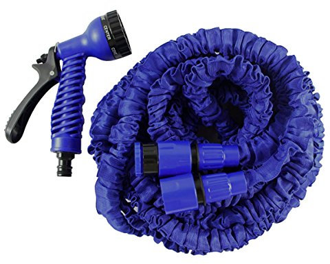 HELO Gartenschlauch 'Flexi' 15 m ausgedehnt (5 m gefaltet), Farbe: Blau - Flexibler Garten Flexischlauch Wasserschlauch mit verstärktem Gewebe inkl. 7 Funktionen Spritzpistole