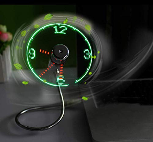 Kbinter USB LED Clock Fan 90mm USB-Powered Portable Mini Gooseneck Fan with LED Light Display Time, Ideal for Desktops and Laptops, Green