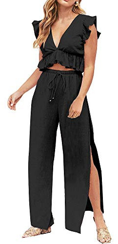 FANCYINN Womens Summer 2 Piece Outfits V Neck Ruffle Sleeve Tops Wide Leg Drawstring Pants Trousers Set Black Jumpsuits UK L